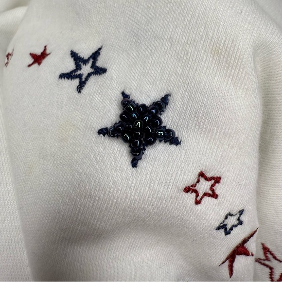 Talbots White 3/4 Sleeve White Shirt with Blue and Red Embroidered Beaded Stars - Picture 2 of 5